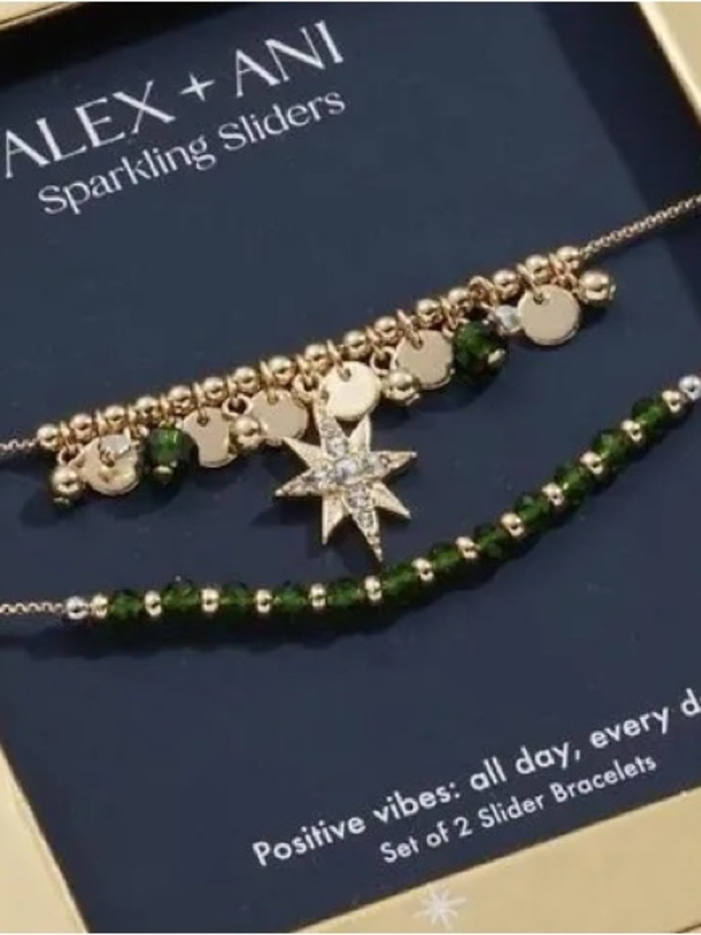 Alex and Ani Gold and Green Star Charm Slider Bracelet Set